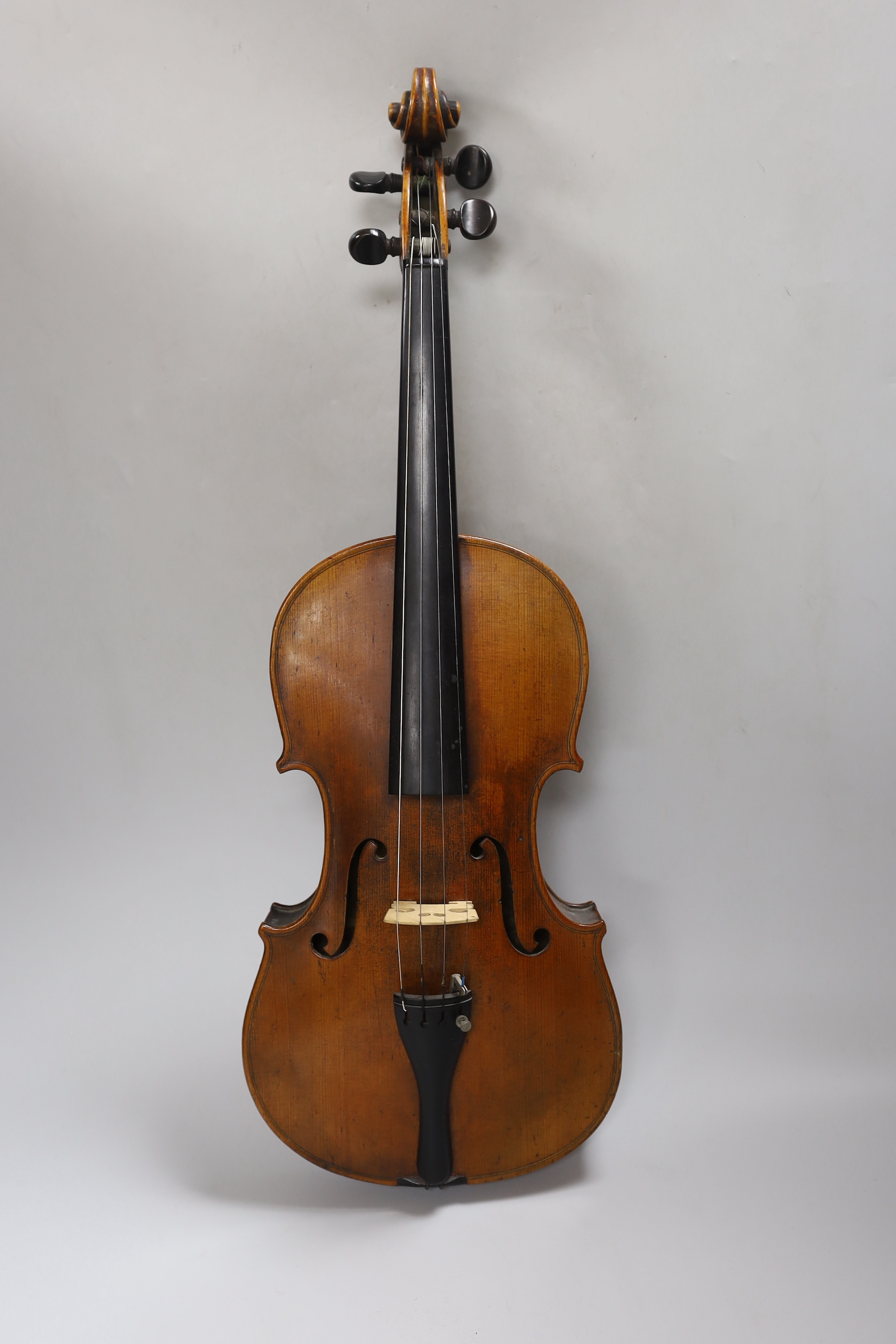 A Vuillaume violin with a bow, in case, back measures 36cm excl button